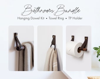 Leather, brass, metal & Wood Bathroom accessories kit includes wall mount strap Toilet Paper Holder, hanging Towel Rack, Hand Towel Ring