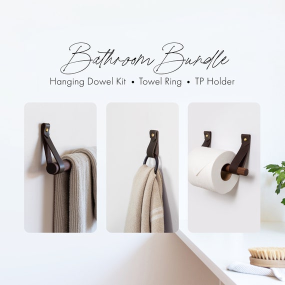 Leather Brass Metal Wood Bathroom Accessories Kit Includes Wall Mount Strap Toilet Paper Holder Hanging Towel Rack Hand Towel Ring Etsy