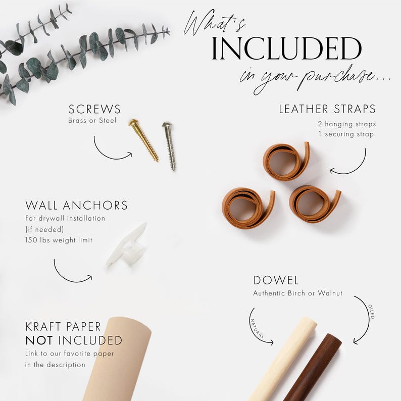Keyaiira kraft paper holder hardware kit showing included components: vegetable tanned leather straps, birch or walnut wood dowel, mounting screws, wall anchors, and handcrafted wall mounted kraft paper roll holder for home office, classroom, or art studio organization.