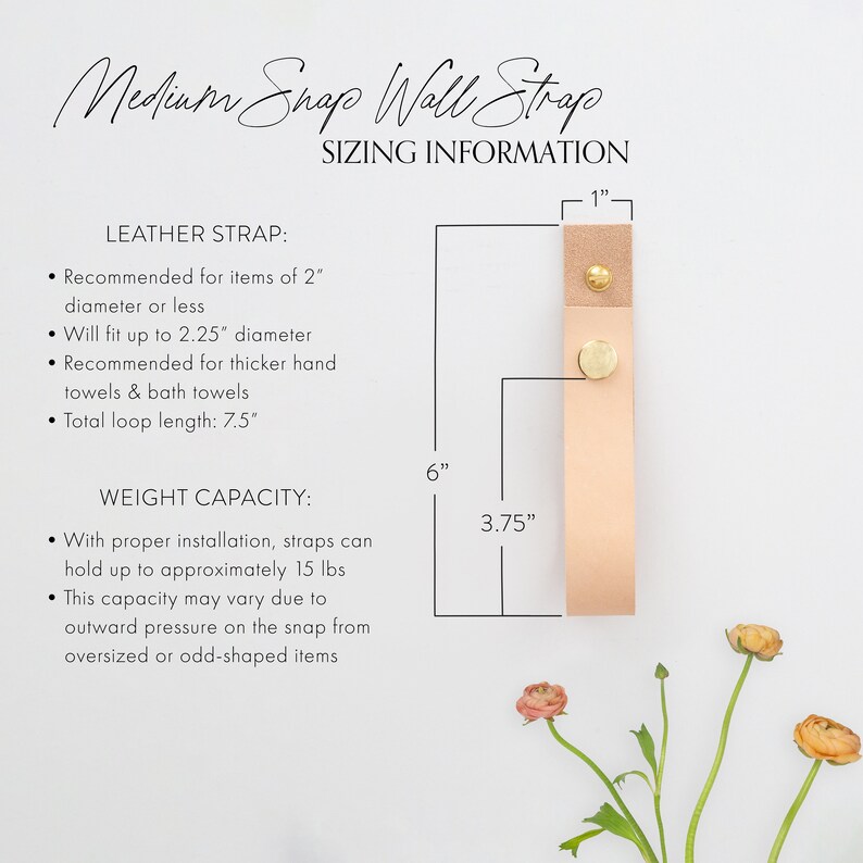 Guide with sizing information recommending the diameter of items that will fit with the Medium Snap Strap.