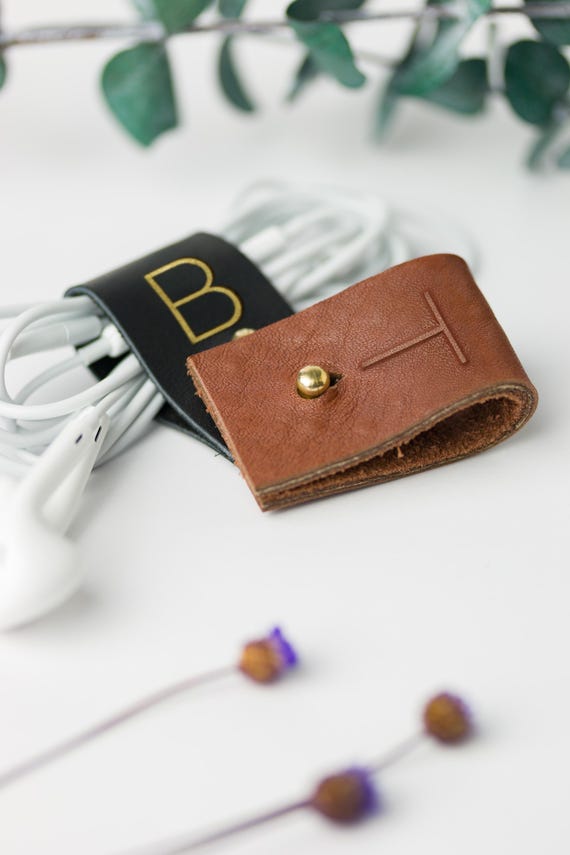Personalized Cord Organizer Gift for Him, Small Leather Earbud Holder…