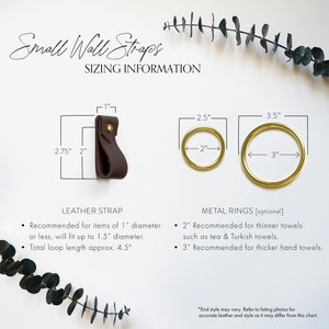 Guide with sizing information recommending the diameter of items that will fit with the small wall strap and inside diameter of optional metal ring.