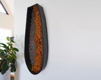 Modern Fiber Art Wall Hanging in Long Oval Black Clay frame with Rusted Orange & Gray Wool