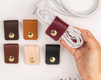 Leather Cord Organizer with Brass Snap, Cable Holder for Charger, Modern Desk, Travel Accessory & Stocking Stuffer Gift [2pc]
