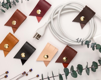 Leather Cord Organizer with Brass Snap, Cable Holder for Charger, Modern Desk, Travel Accessory & Stocking Stuffer Gift [2pc]