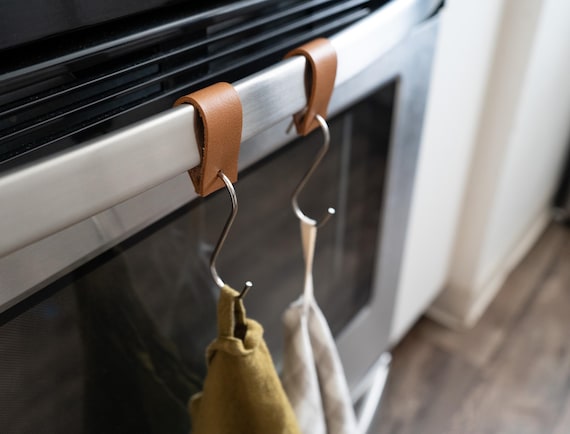Leather & Metal (stainless steel, brass or black) Oven door towel hook hangers [SET of 3]