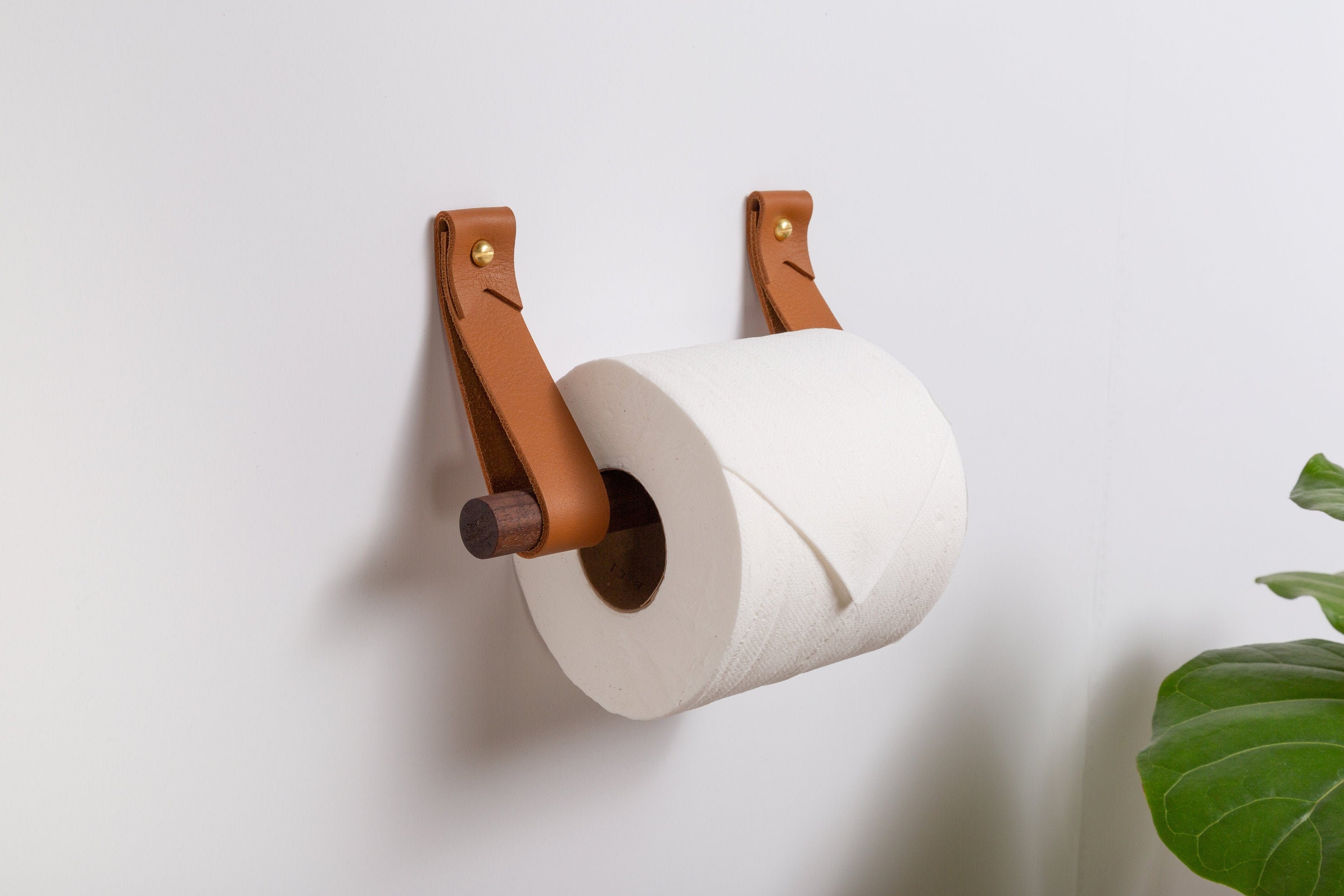 Paper Towel Holder / Kitchen Roll Holder From Leather, Wood, Rounded Ends 