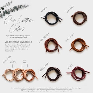 Leather colors are shown in a grid with cord and the names listed above each color. 
On the left, the process of Vegetable Tanned leather patina development is explained, showing the color when you receive it and what it will look like over time.