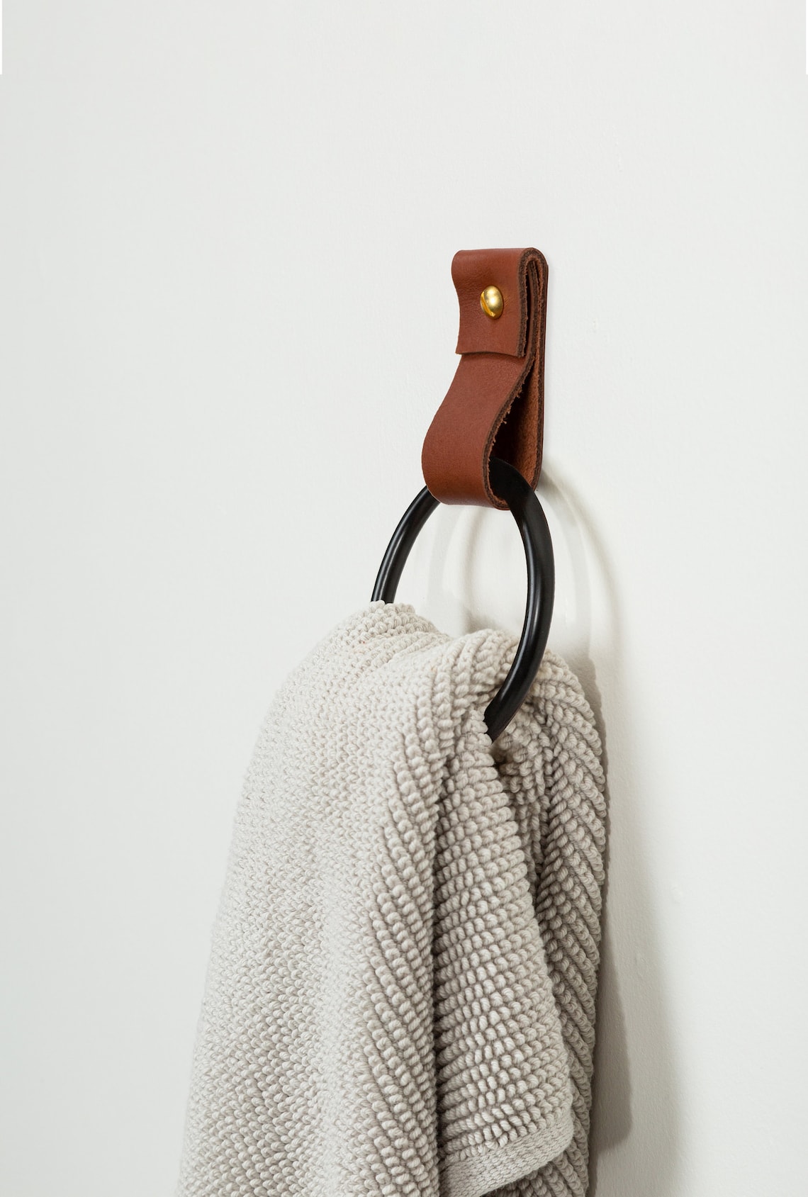 Small leather strap with dark towel ring minimalist hanger for Etsy