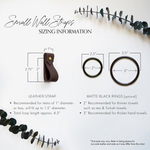 Guide with sizing information recommending the diameter of items that will fit with the small wall strap and inside diameter of optional metal ring.