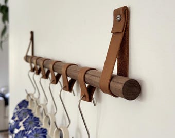 Leather & Wood Hanging Rail, Kitchen Hook Rack for Mugs, Utensils and Towels (Hooks Sold Separately)