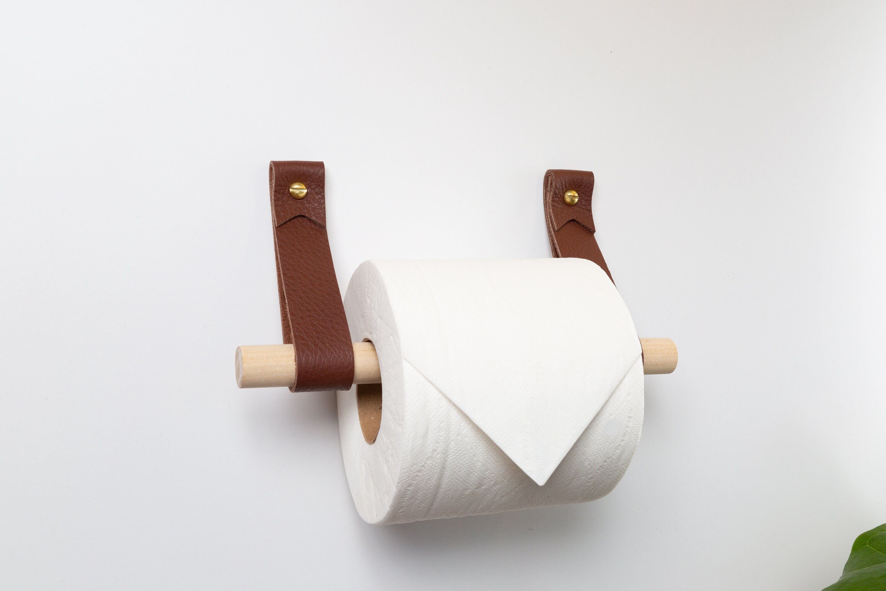 Toilet Paper Holder Kit with Leather Strap Hooks & Wood Dowel – Keyaiira