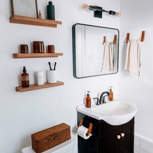 Small Bathroom 2 Piece Fixture Set Leather & Wood Toilet Paper Holder Black Hand Towel Ring hook wall strap modern minimal half bath design image 7