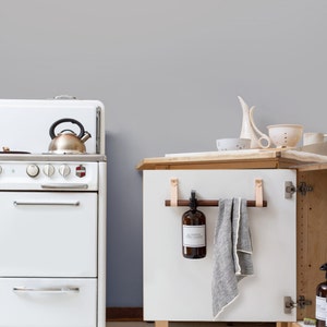 A kitchen scene of a Cabinet Rail Kit installed under the sink on a cabinet door.