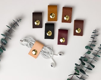 Leather Cord Organizer with Brass Snap, Cable Holder for Charger, Modern Desk, Travel Accessory & Stocking Stuffer Gift [3pc]
