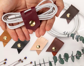 20 PIECE Set of Leather Cord Organizer with Brass Snap, Cable Holder for Charger, Modern Desk, Travel Accessory & Stocking Stuffer Gift