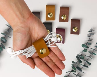 20 PIECE GIFT SET - Leather Cord Organizer with Brass Snap - Cable Holder for Charger, Modern Desk, Travel Accessory & Stocking Stuffer Gift