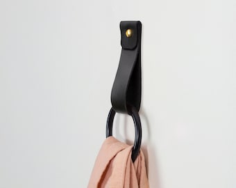 medium leather and matte black wall hanging strap towel hooks for wall leather loop strap storage minimal towel ring 3rd anniversary gift