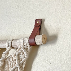 Leather macramé art hanger wall strap for displaying fiber arts hook driftwood branch wall mount leather strap hangers leather wall hook