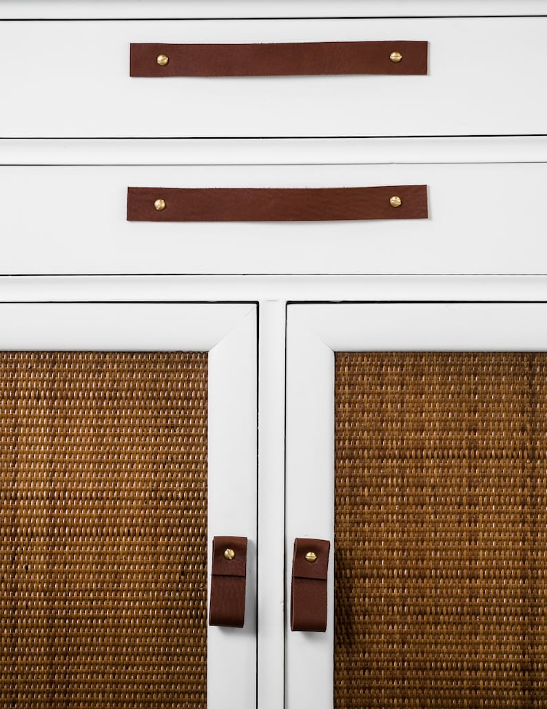 Leather Handles installed on a white dresser.