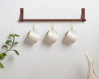 Kit de rangement suspendu porte-pots de cuisine, crochets pour tasses, organisateur de rails pour ustensiles de cuisine, porte-serviettes en cuir et laiton, crochets minimalistes, décoration