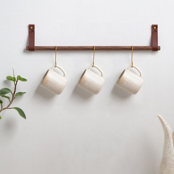 Hanging Storage Kit kitchen pot rack rod hooks for mugs kitchen utensil rail organizer leather & brass towel holder minimalist hooks decor
