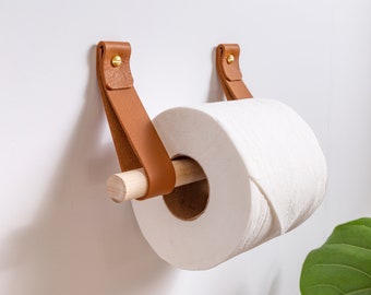 Leather Toilet Paper Holder Kit with wood dowel walnut or birch simple loo roll holder minimalist leather strap hooks rustic bathroom decor