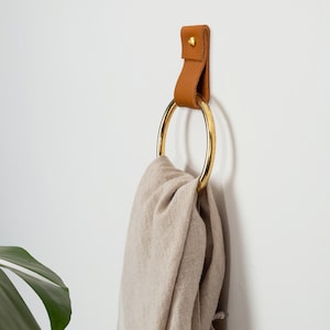 small leather strap brass ring wall hook wall hanging storage towel hook modern bathroom towel rack leather loop strap holder scarf hanger Nicotine