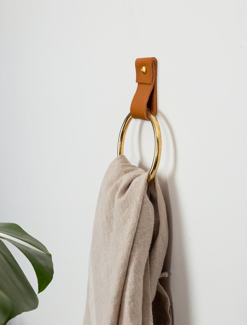 small leather strap brass ring wall hook wall hanging storage towel hook modern bathroom towel rack leather loop strap holder scarf hanger Nicotine