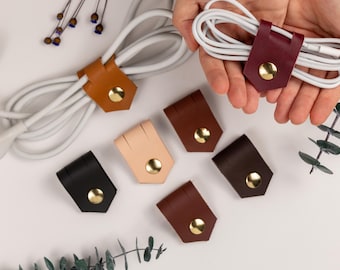 Leather Cord Organizer with Brass Snap, Cable Holder for Charger, Modern Desk, Travel Accessory & Stocking Stuffer Gift [2pc]