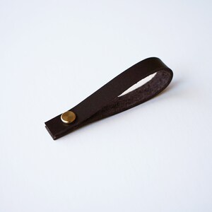 Dark Brown (chocolate) Sustainable Leather loop with brass Chicago screw closure, removable hanger for potholders, towels, oven mitts, trivets, keychains and more.
