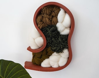 Handwoven Fiber Art in Clay Ceramic Tarracotta Frame, Wool and Cotton Wall Hanging, Organic Modern Decor