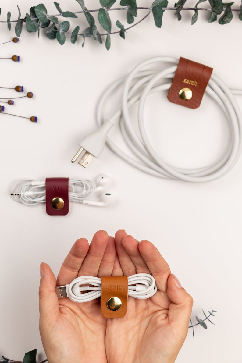 Set of 3 leather cord holders custom 3rd anniversary gift Etsy