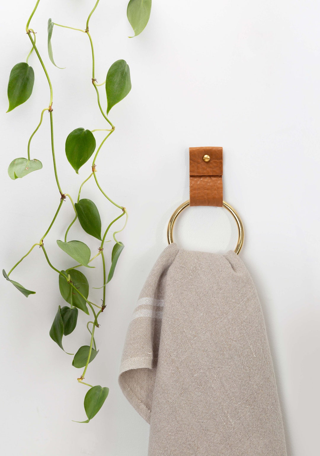 Hand Towel Holder Ring Leather & Brass Small Gold Modern Towel Hook