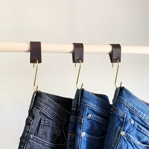 Decorative S hook for jeans & pants hanger for clothes closet organizer minimalistic rack hooks, leather loop 6 Pack image 1