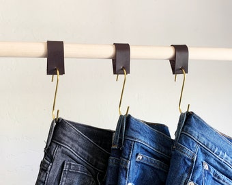 Decorative S hook for jeans & pants hanger for clothes closet organizer minimalistic rack hooks, leather loop - 6 Pack