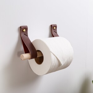 Small Bathroom 2 Piece Fixture Set Leather & Wood Toilet Paper Holder Black Hand Towel Ring hook wall strap modern minimal half bath design image 5