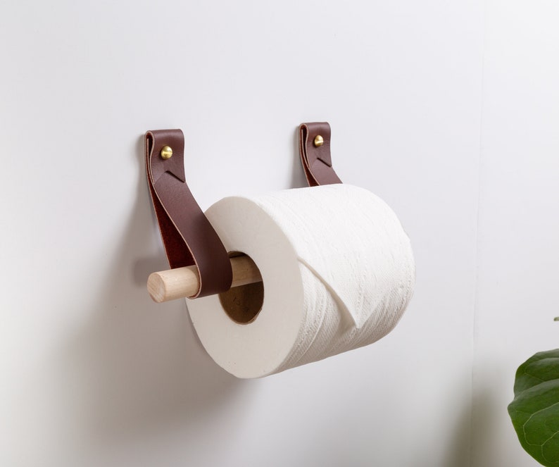 Small Bathroom 2 Piece Fixture Set Leather & Wood Toilet Paper Holder Black Hand Towel Ring hook wall strap modern minimal half bath design image 5