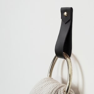 Medium Minimalist Leather Strap Hanger bathroom towel holder leather wall  hook towel hook bath decor steel towel ring Nordic home modern