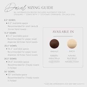 May include: A sizing guide for dowels, with measurements in inches. The guide includes dowel sizes from 21.6 cm to 91.4 cm, with available space details. Available in walnut with an oiled finish and birch with a natural finish.