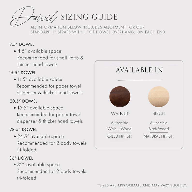 May include: A sizing guide for dowels, with measurements in inches. The guide includes dowel sizes from 21.6 cm to 91.4 cm, with available space details. Available in walnut with an oiled finish and birch with a natural finish.
