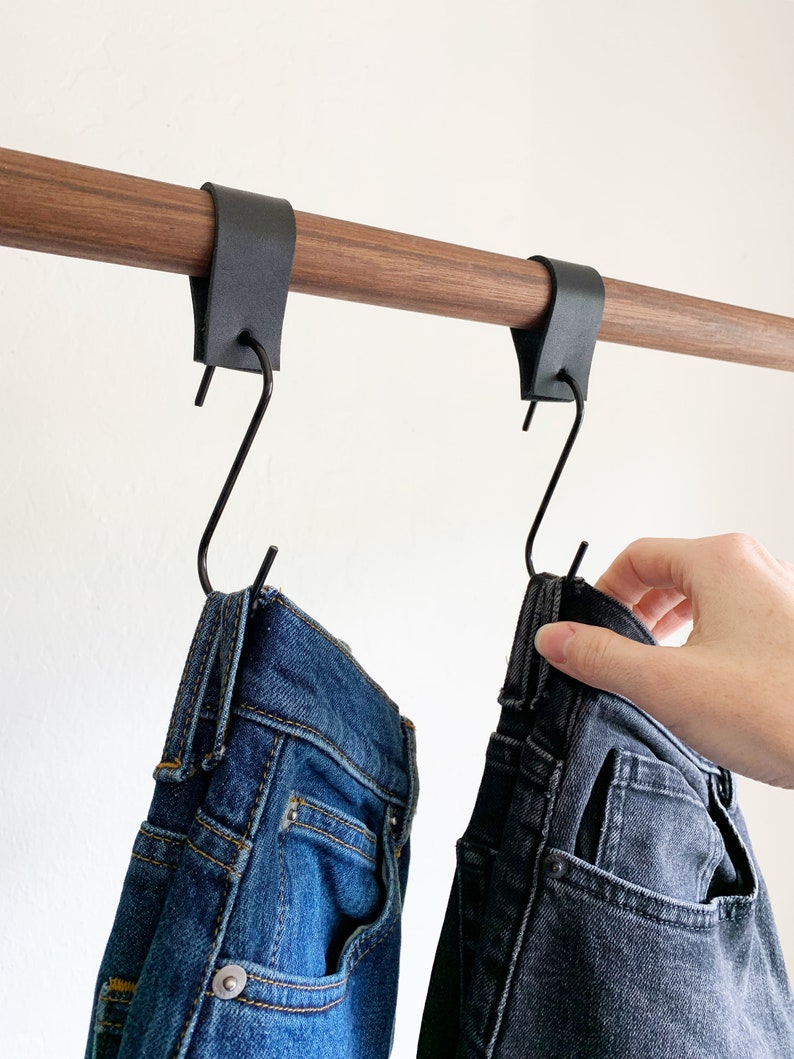 Decorative S hook for jeans & pants hanger for clothes closet organizer minimalistic rack hooks, leather loop 6 Pack image 9