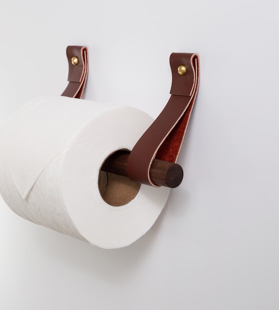 Leather Toilet Paper Holder Kit w/ wooden dowel walnut or birch minimal loo roll holder modern strap hook sustainable bathroom storage decor