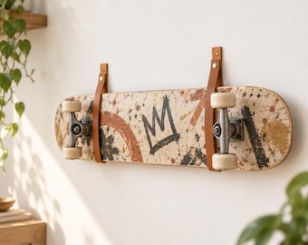 Leather Skateboard Wall Hanger, Snap Open & Closed Strap Skateboard Storage + Display