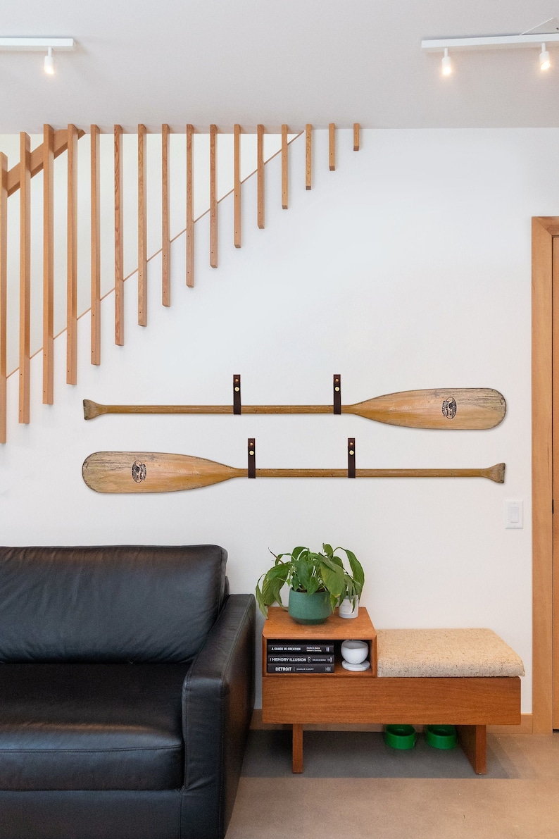 Our Leather Wall Straps are used to hang oar paddles on the wall, the handle of the oar fits through the loop of the strap once installed.