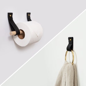 Toalettpappershållare i läder och trä + handduksring, vägghängd, modern toalettaccessoar, badrumstillbehör, enkel installation