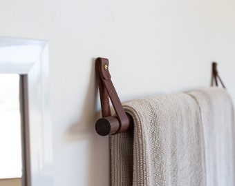 Leather Hanging Towel Holder Kit - brass hand towel rail for bath kitchen & laundry room hanging coffee mug wood rack mop and broom storage