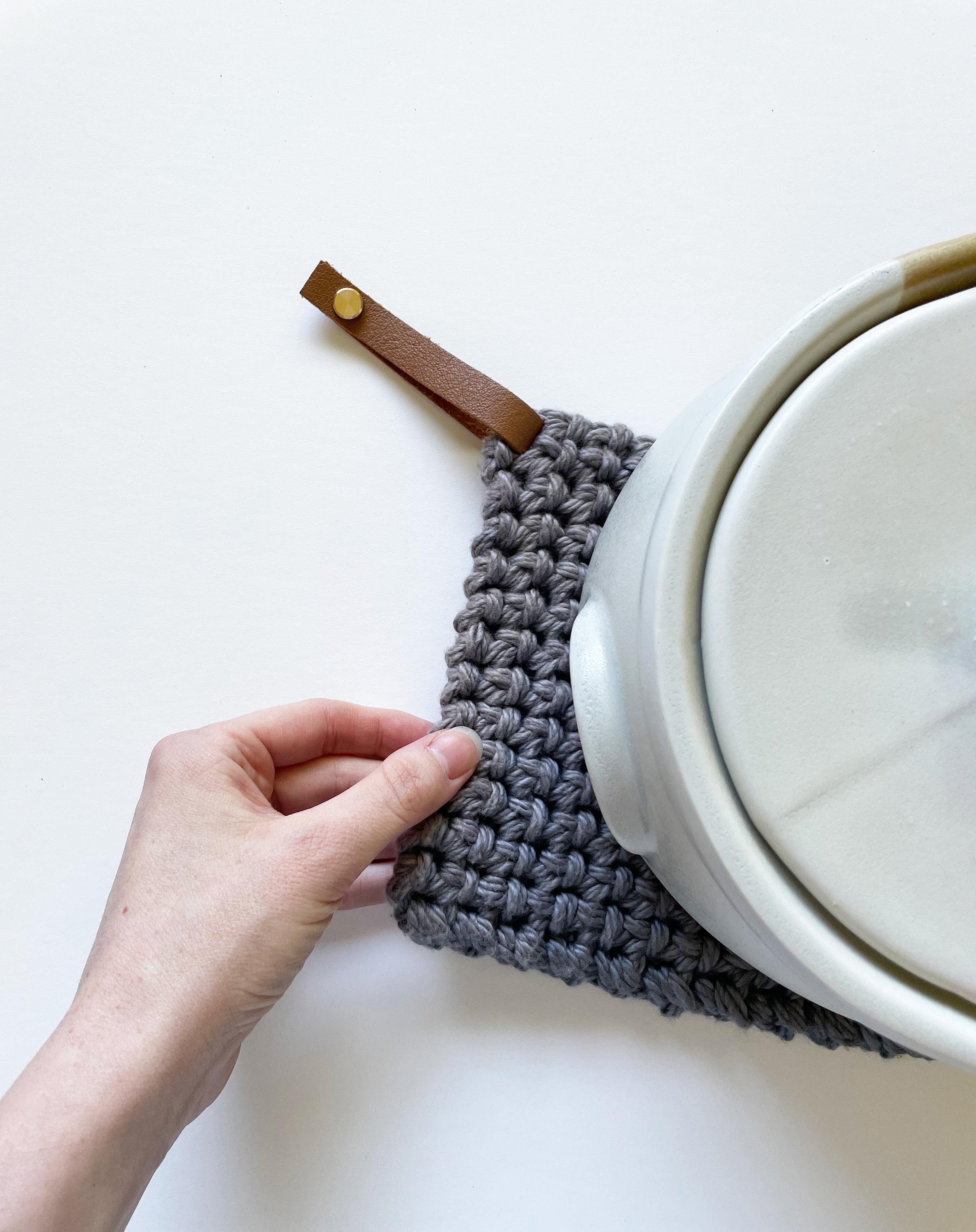 Potholder handmade crochet with removable leather loops 100% hand dyed organic cotton trivet natural double thick hot pad washable modern