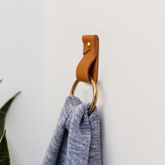 Small Leather Strap With Brass Towel Ring Minimalist Hanger for
