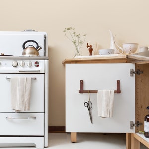 A kitchen scene of a Cabinet Rail Kit installed under the sink on a cabinet door.